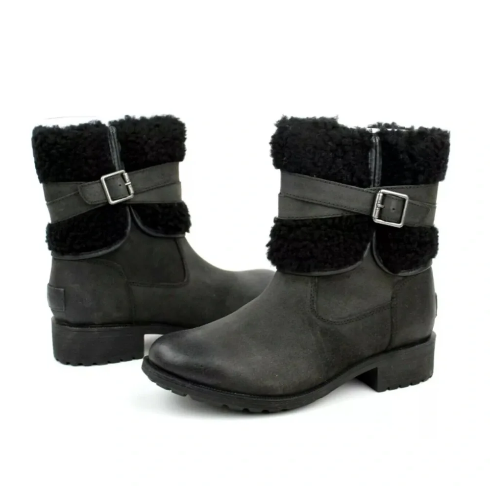 UGG BLAYRE III LEATHER WOOL BLACK FULLY LINED ANKLE MID ZIP BOOTS SIZE‎ 6…